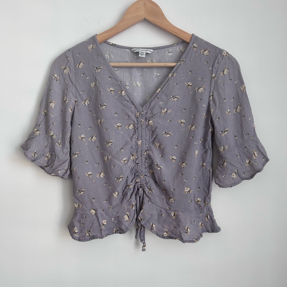 American Eagle Outfitters Crinkle Ruched Front Ruffle Sleeve Lavender Blouse